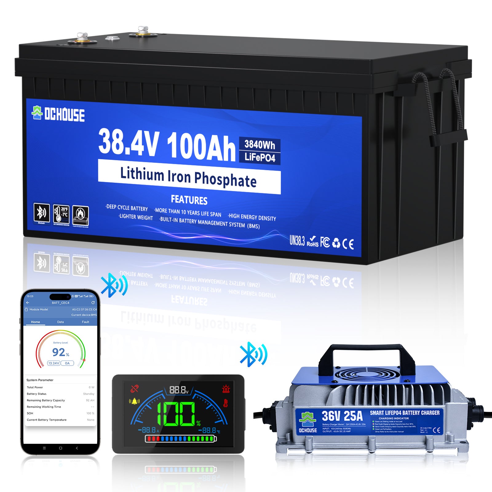 36V 100Ah 2.0 LiFePO4 Bluetooth Flame-Retardant ABS Case Battery & Charger