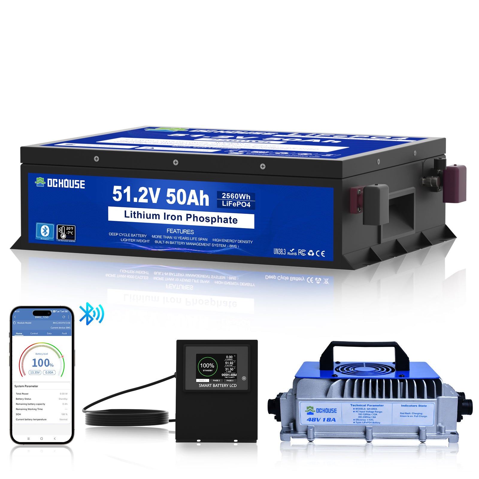 DC HOUSE Durable 48V 50Ah LiFePO4 Metal Case Battery with Charger - Bluetooth & Low Temperature Protection for Golf Carts