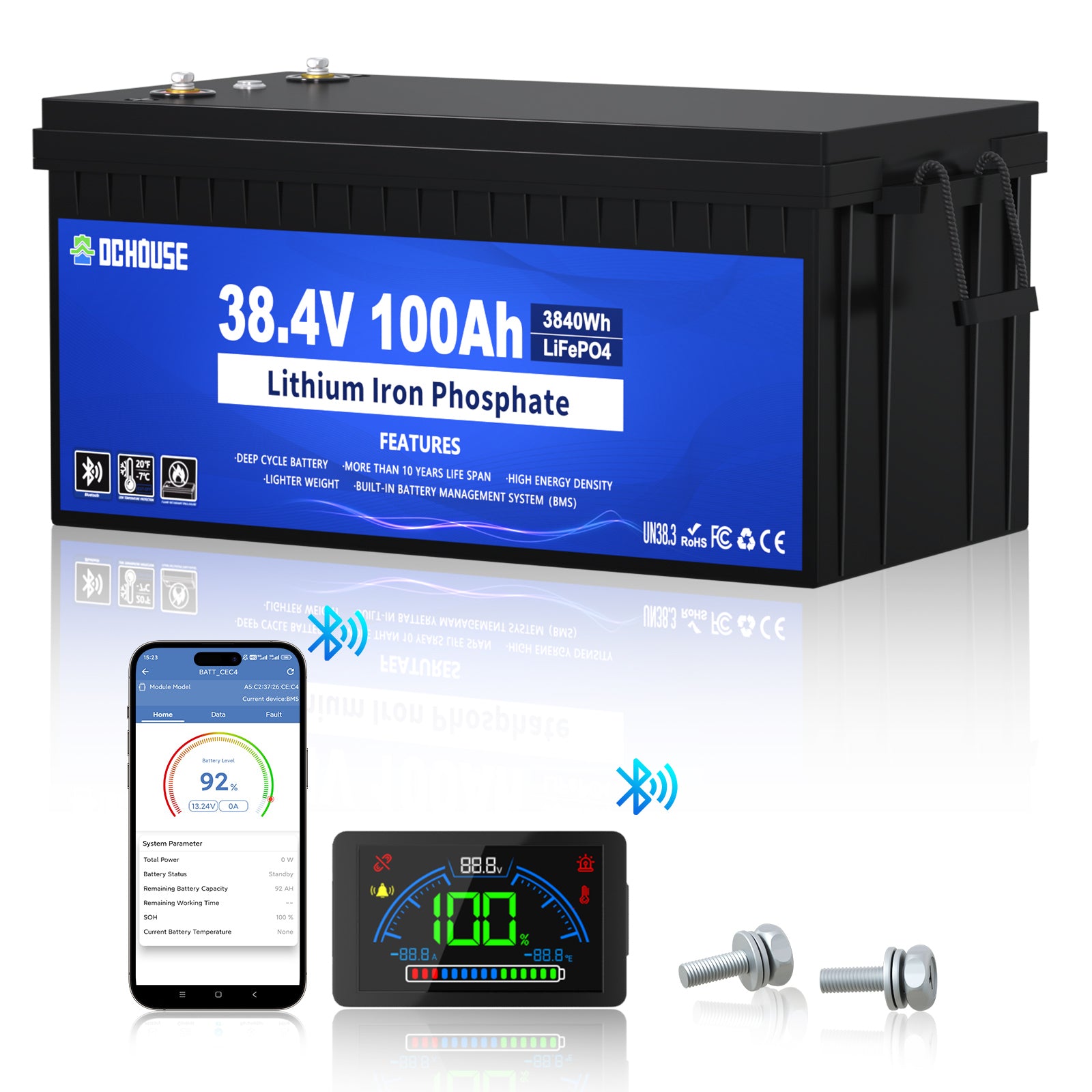 36V 100Ah 2.0 Lithium Bluetooth Flame-Retardant ABS Case Battery (No charger)