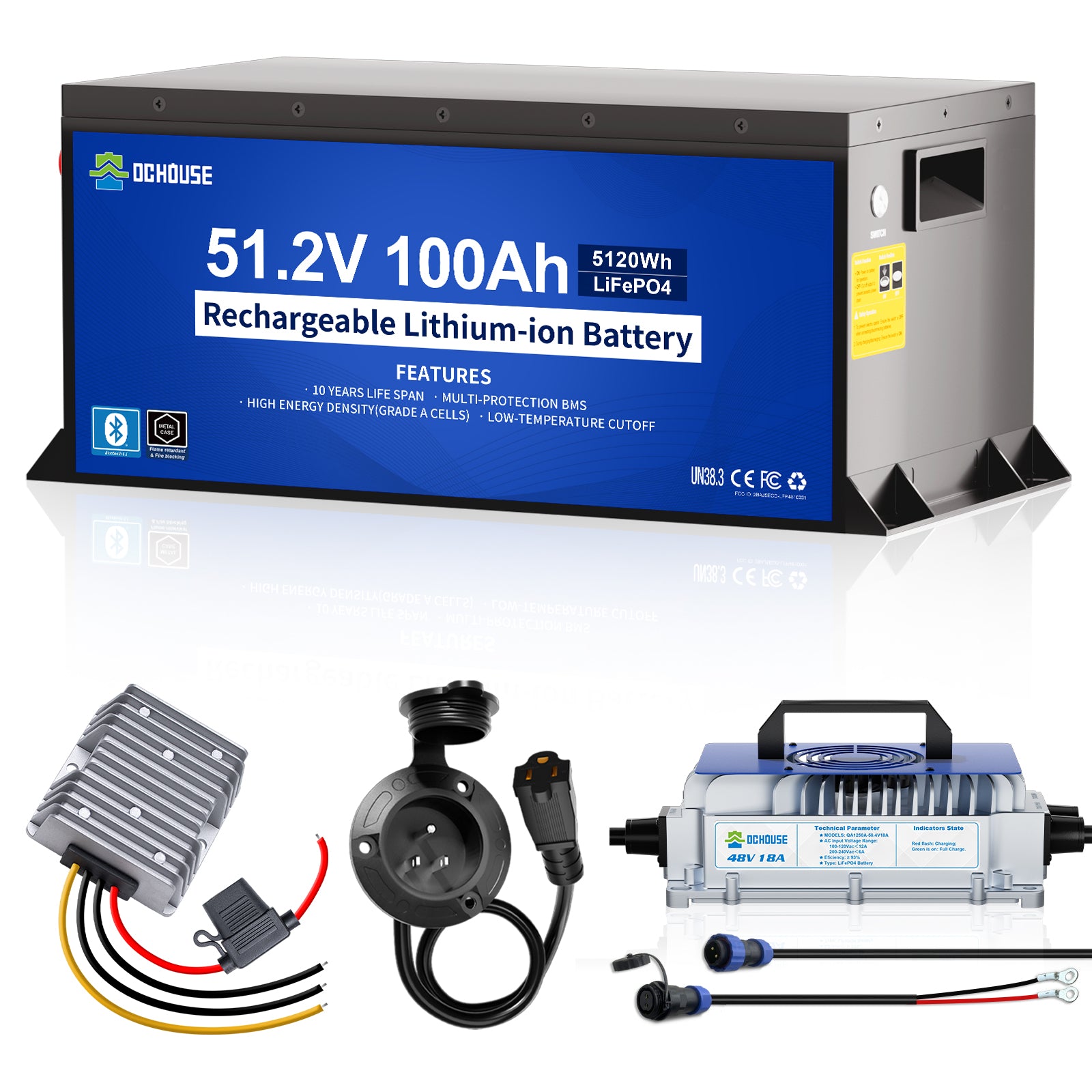 DC HOUSE 48V 100Ah LiFePO4 Metal Case Battery Kit with Charger, AC Port Plug & DC-DC Converter for Golf Carts