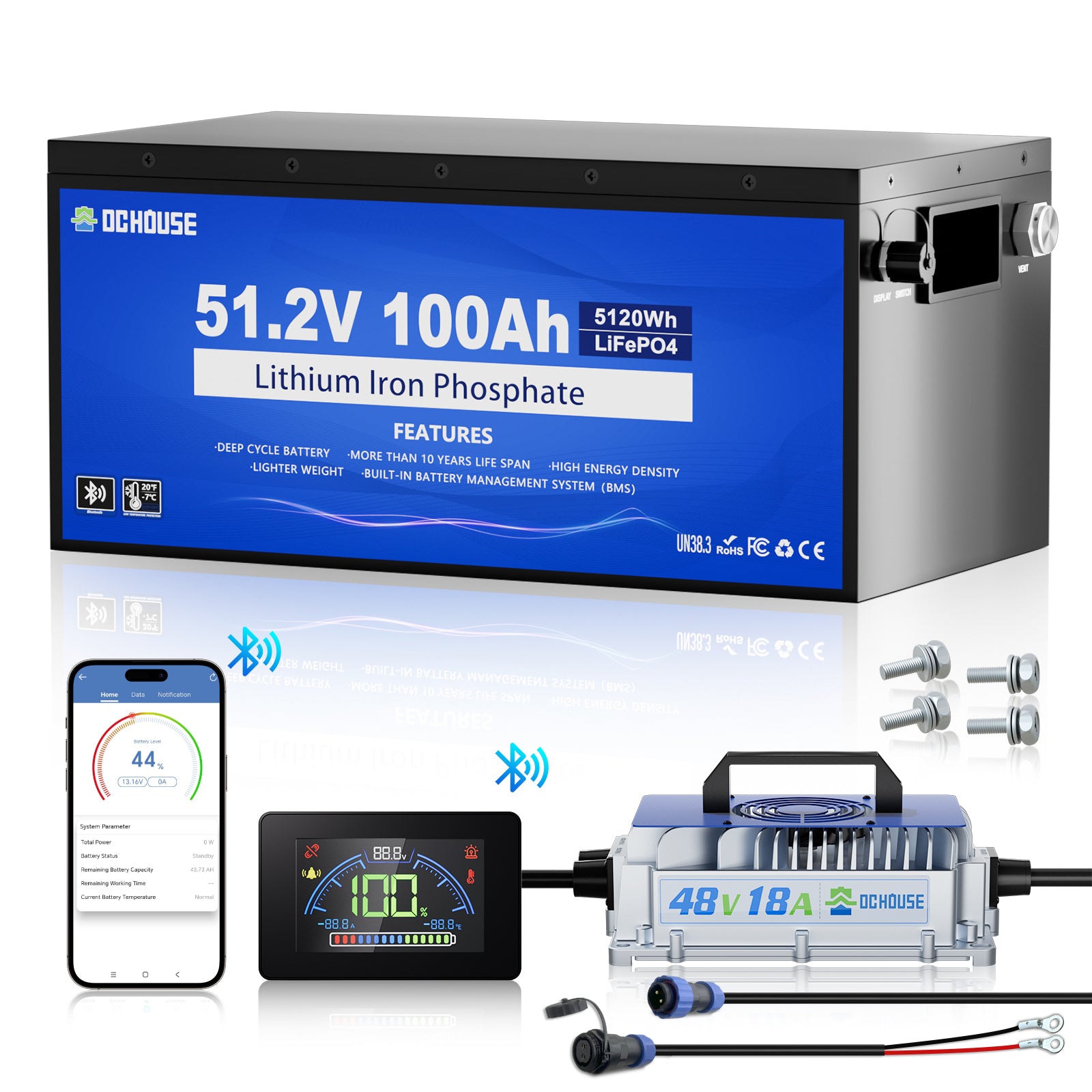 DC HOUSE Dependable 48V 100Ah LiFePO4 Metal Case Battery with Charger - Ideal for Golf Carts