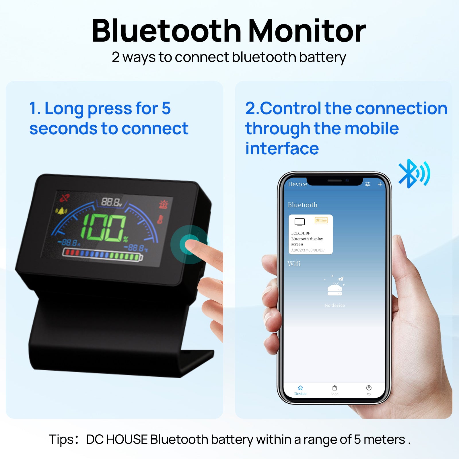 DC HOUSE 8–90V Bluetooth Battery Capacity Monitor for 12V/24V/36V/48V Systems (Use only DC HOUSE Bluetooth Battery)