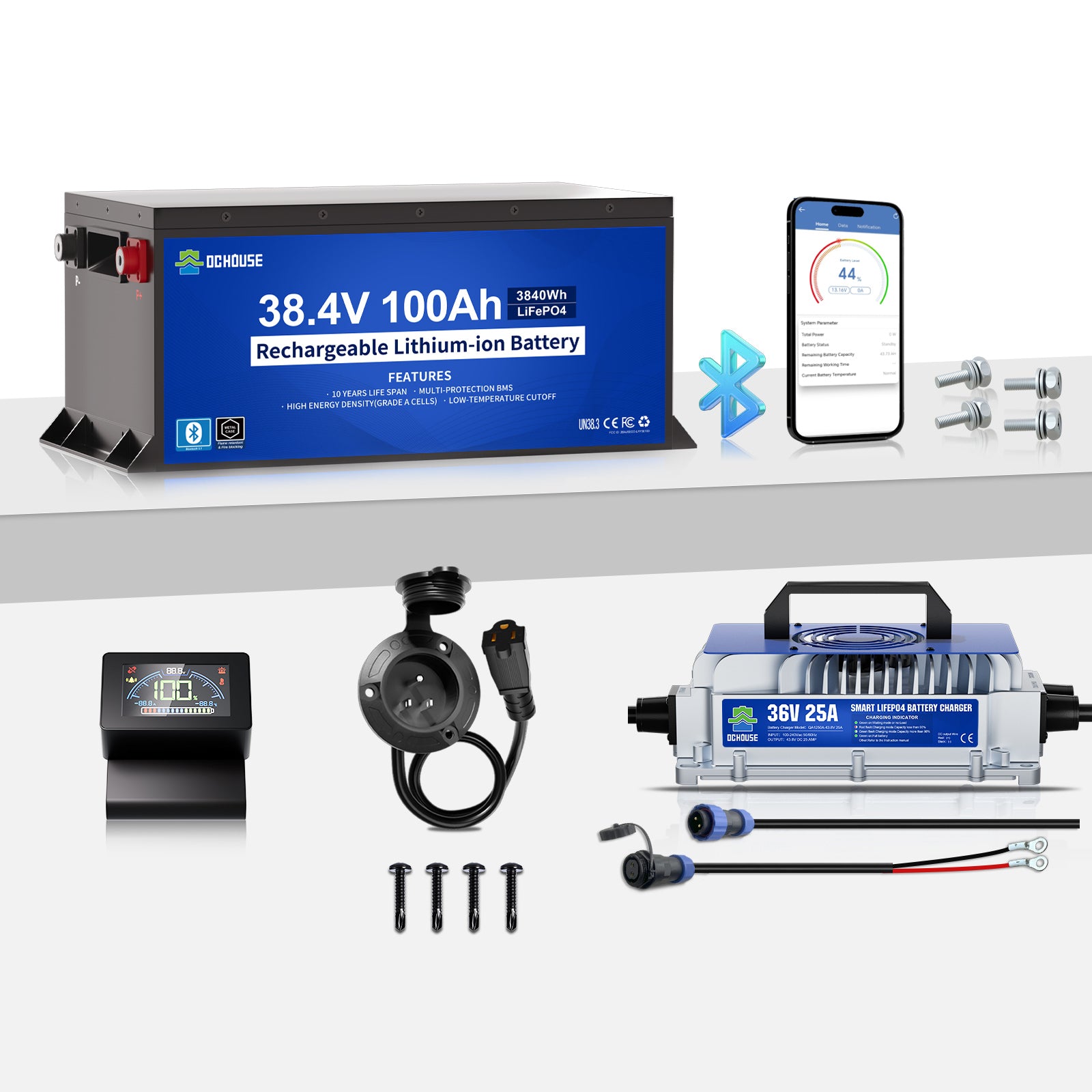 DC HOUSE 36V 100Ah LiFePO4 Metal Case Battery Kit with Charger & AC Port Plug for Golf Carts