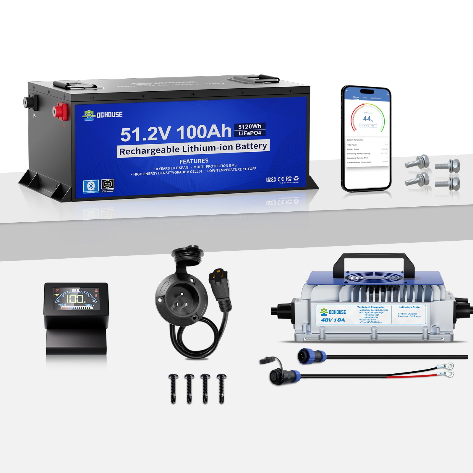 DC HOUSE 48V 100Ah LiFePO4 Metal Case Battery Kit with Charger & AC Plug for Golf Carts