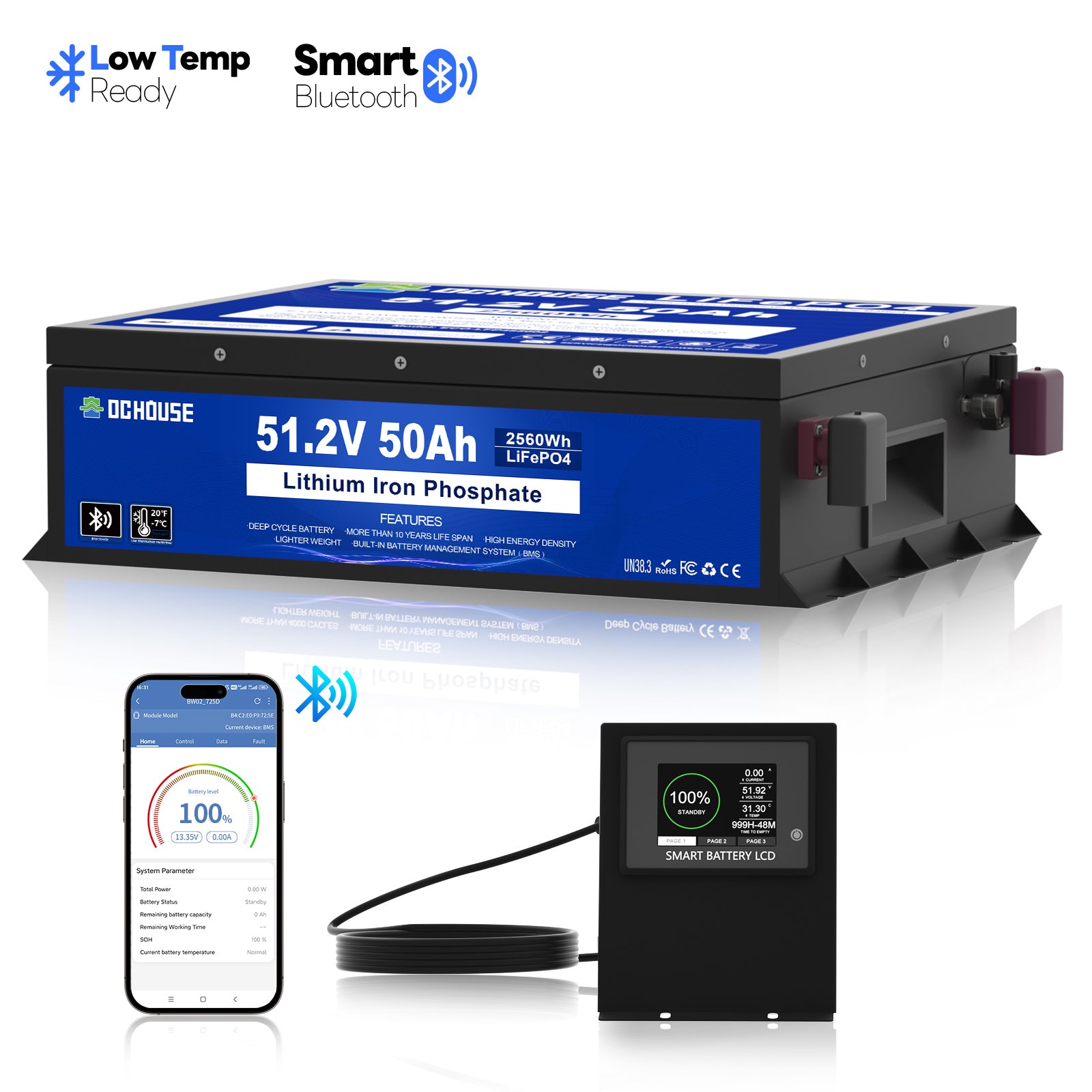 48V 50Ah LiFePO4 Bluetooth & Low Temp Protection Golf Cart Battery
