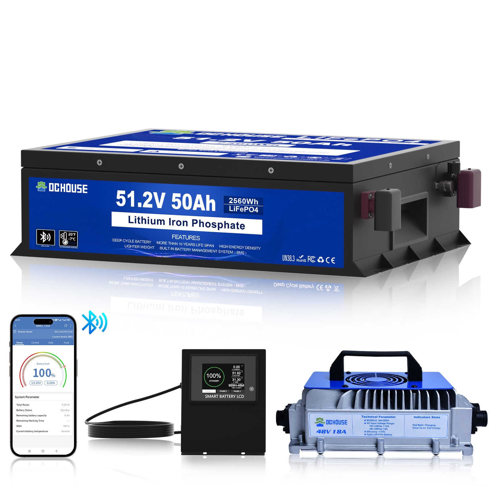 48V 50Ah LiFePO4 Bluetooth & Low Temp Protection Golf Cart Battery & Charger