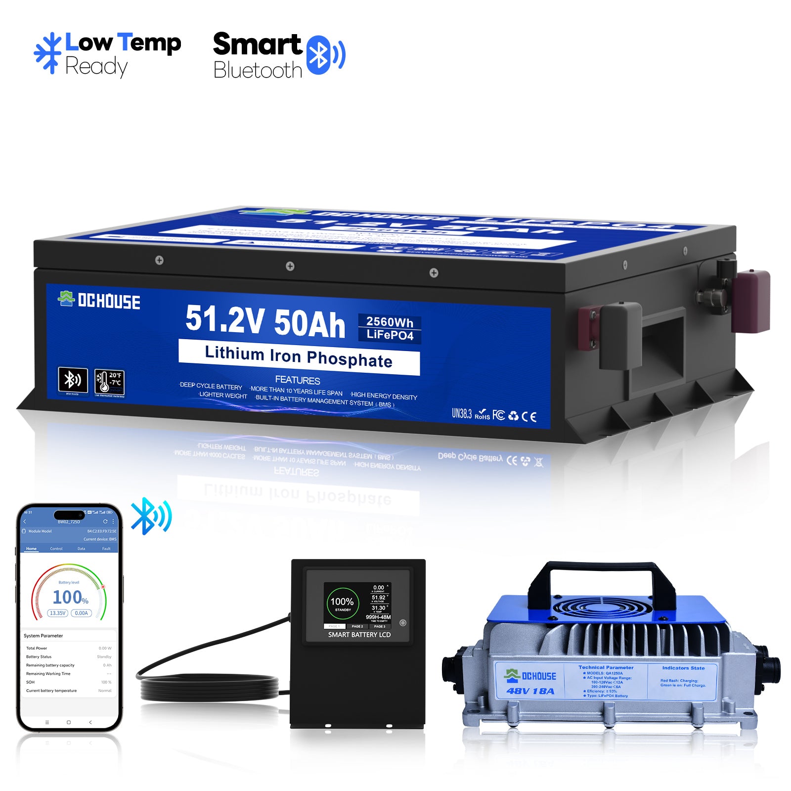 48V 50Ah LiFePO4 Bluetooth & Low Temp Protection Golf Cart Battery & Charger