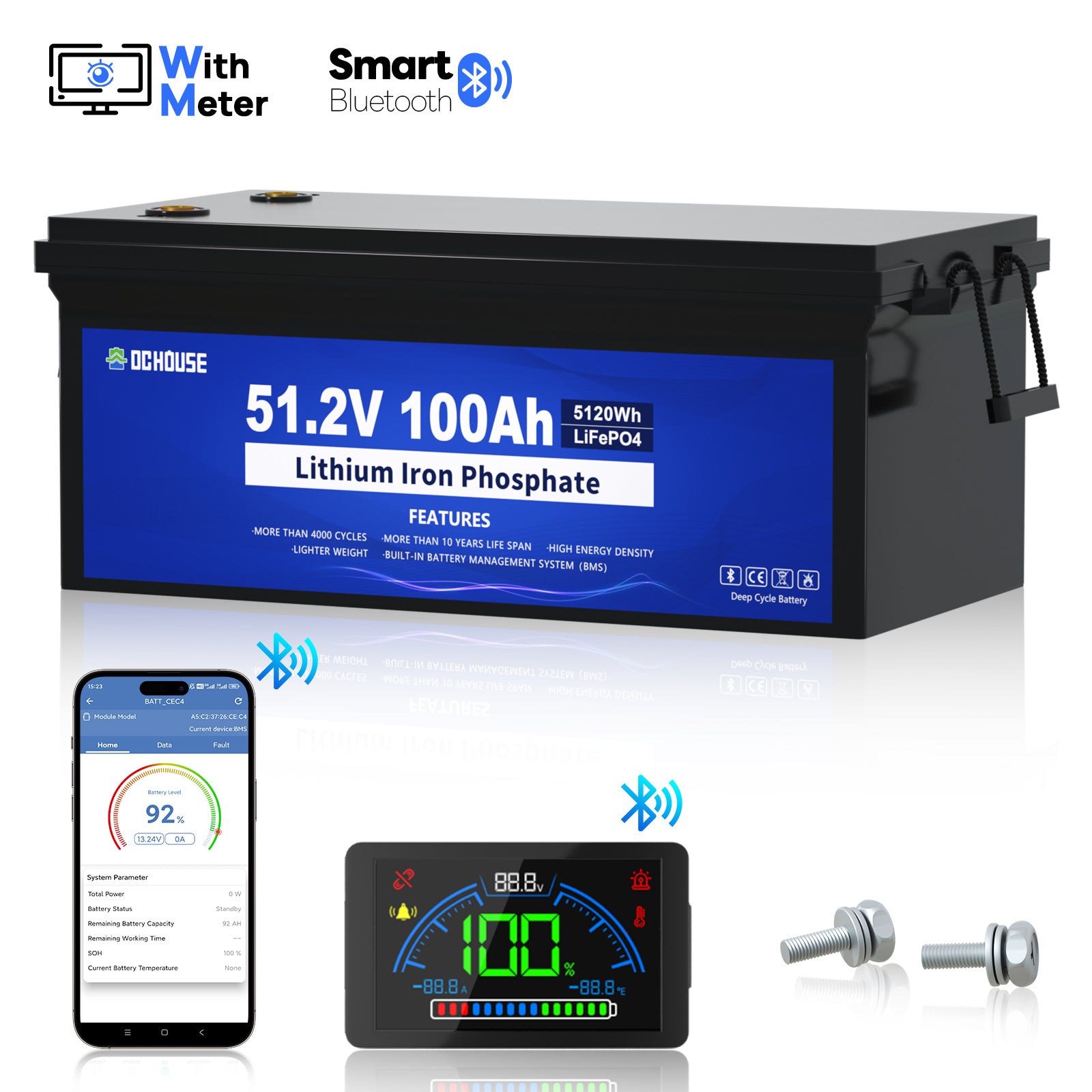 48V lithium battery kit for golf cart, durable case with digital display and Bluetooth connection