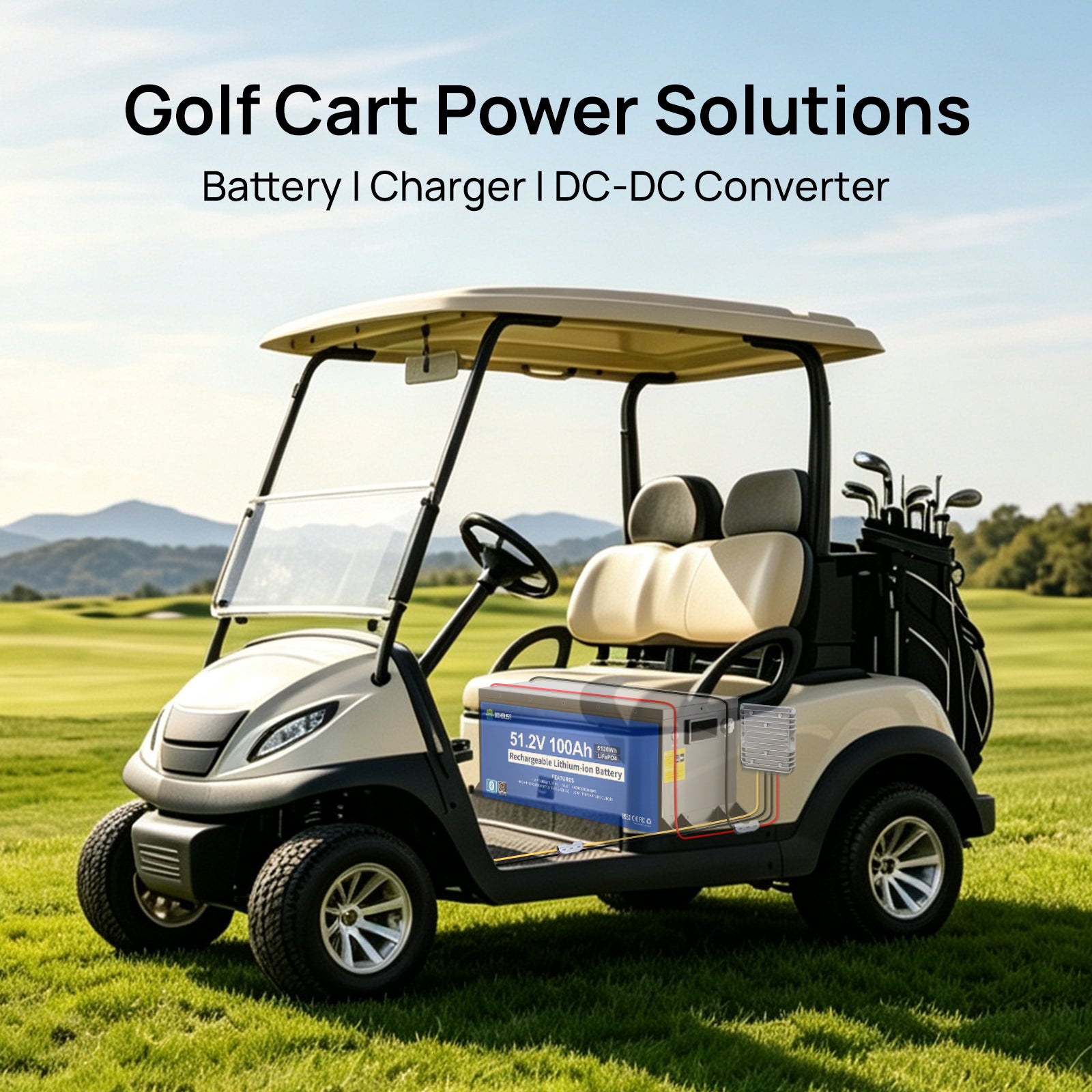 DC HOUSE 48V 100Ah LiFePO4 Metal Case Battery Kit with Charger & DC-DC Converter for Golf Carts