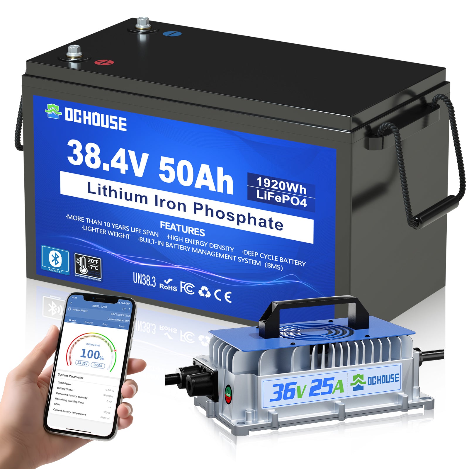 36V 50Ah LiFePO4 Bluetooth Deep Cycle Battery & Charger