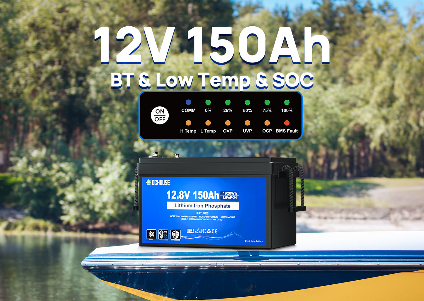 12V 150AH Low Temp Bluetooth LiFePO4 Battery with SOC Display for Trolling Motor High-capacity 12V 150AH LiFePO4 battery with low temperature protection, Bluetooth monitoring, and SOC LED display—perfect for long-lasting trolling motor performance