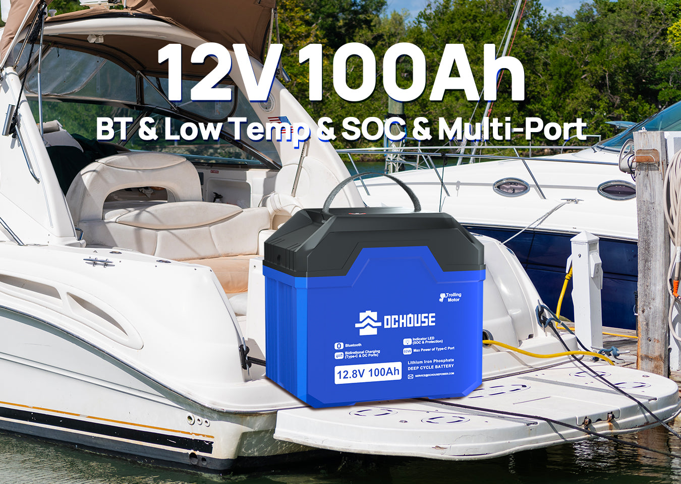12V 100AH Low Temp Bluetooth LiFePO4 Battery with SOC Display and Multi-Ports for Trolling Motor Advanced 12V 100AH LiFePO4 battery with low temp cut-off, Bluetooth monitoring, SOC indicator, and multiple output ports for trolling motor setups