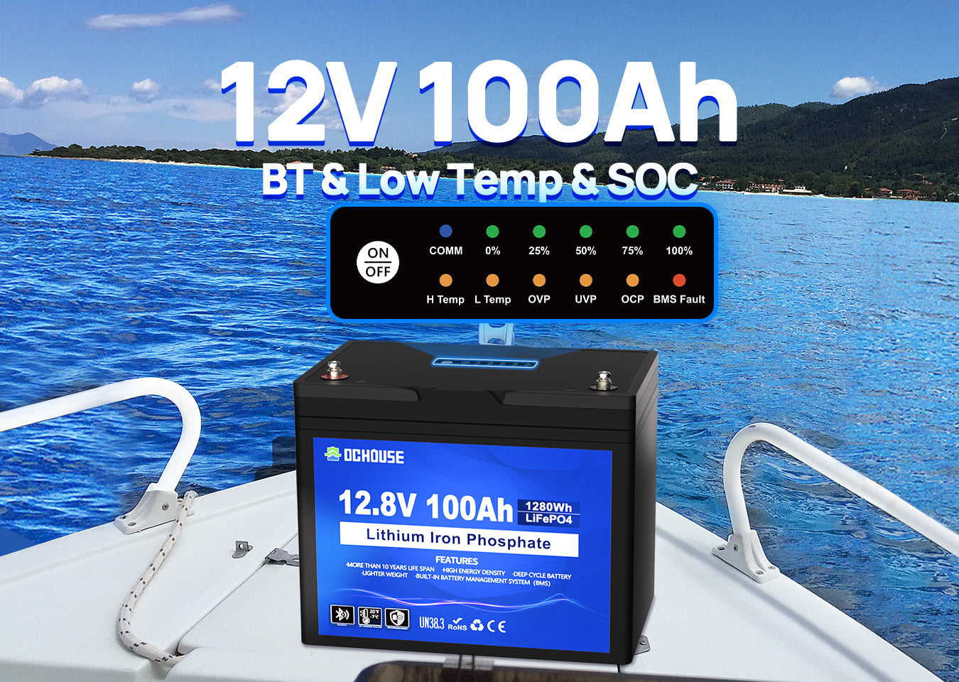 12V 100AH Low Temp Bluetooth LiFePO4 Battery with SOC Display for Trolling Motor 12V 100Ah LiFePO4 battery featuring low-temperature heating, Bluetooth monitoring, and SOC (State of Charge) indicator panel for real-time battery status.