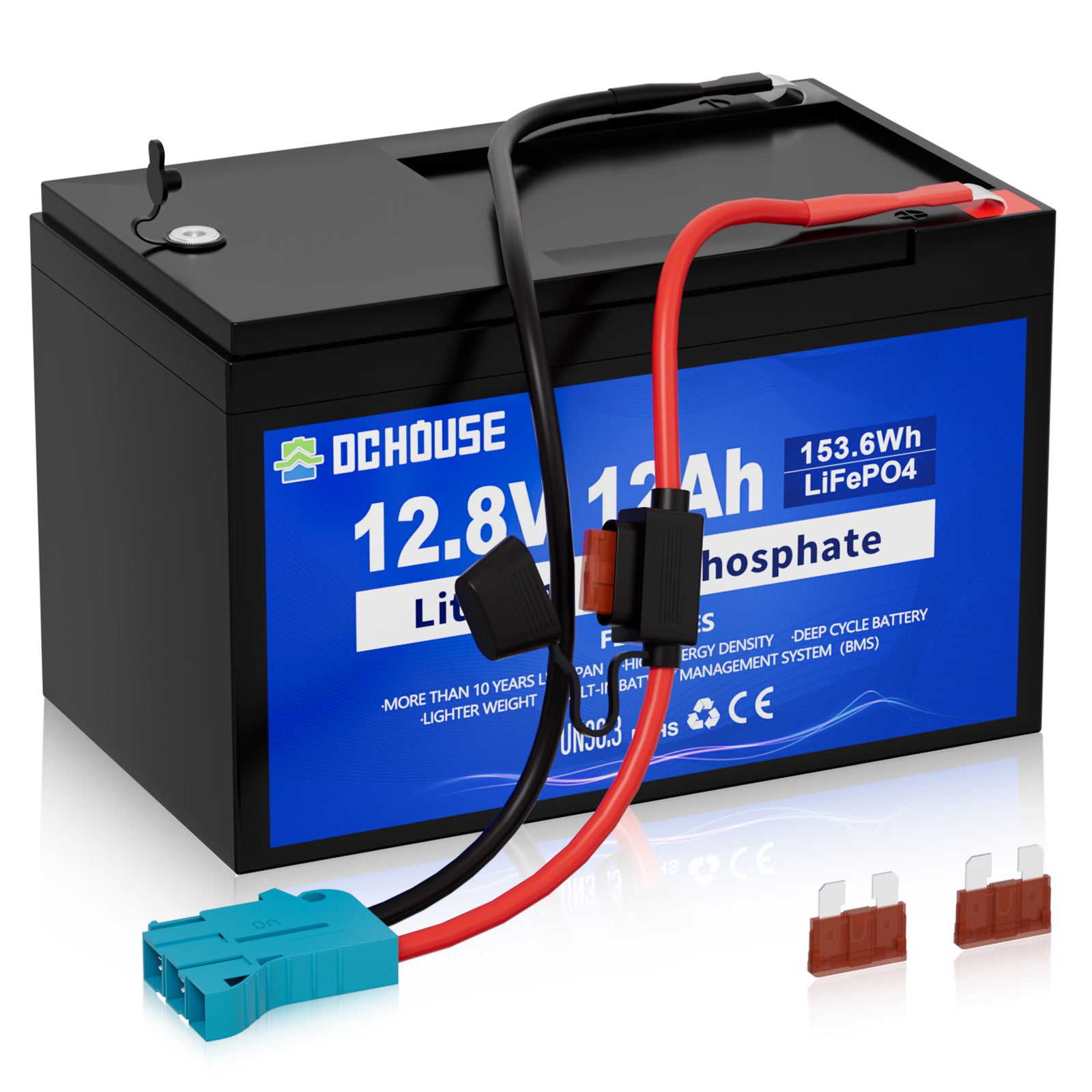 12V 12Ah Deep Cycle LiFePO4 Lithium Battery, with Fuse Harness & DC Port