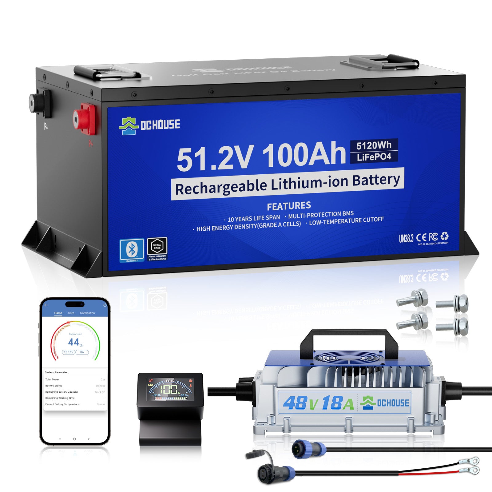 DC HOUSE Dependable 48V 100Ah LiFePO4 Metal Case Battery with Charger - Ideal for Golf Carts