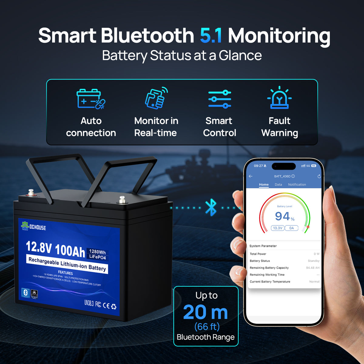 12V 100Ah Deep Cycle LiFePO4 Bluetooth & Low Temp Protection Battery for RVs and Trolling Motors