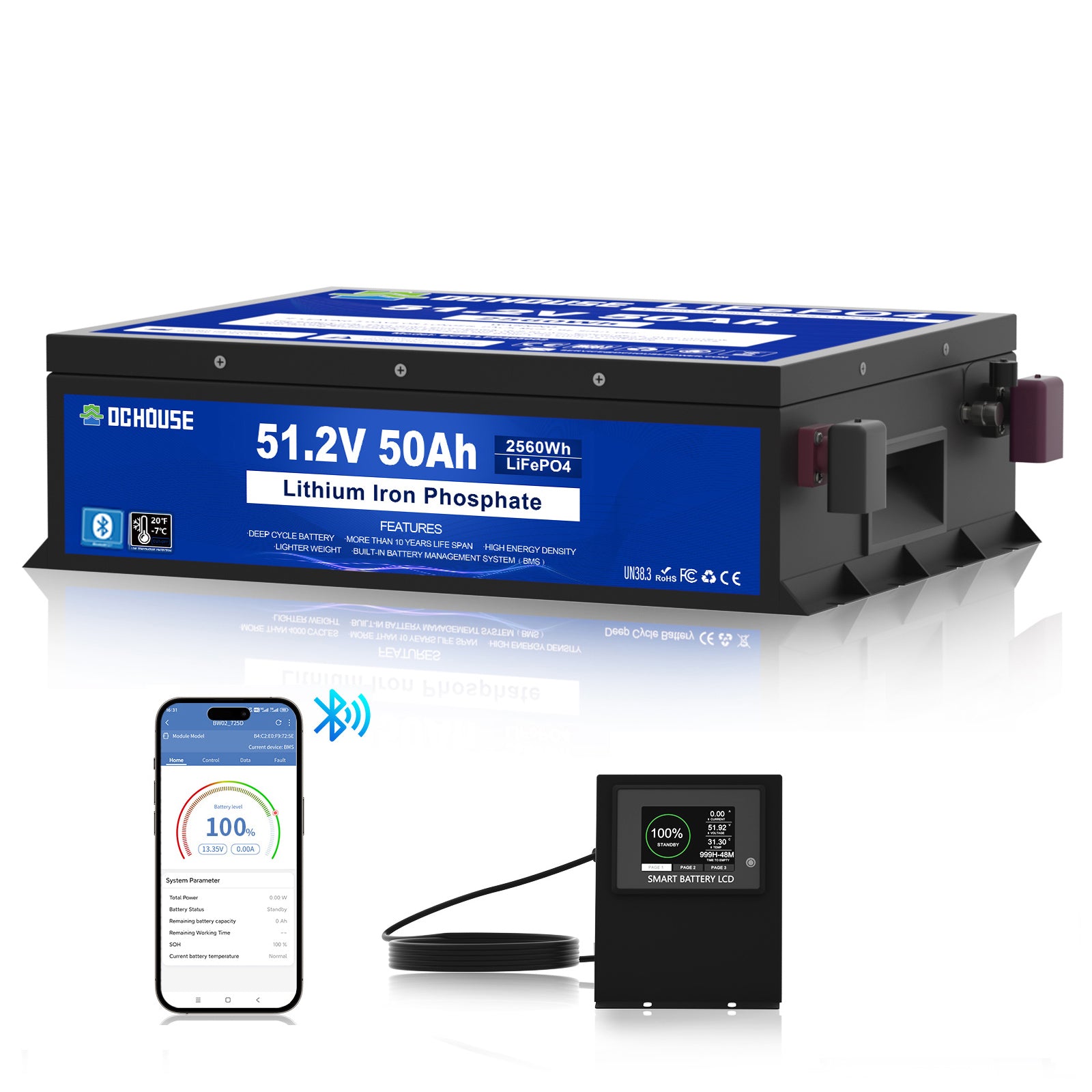 DC HOUSE Durable 48V 50Ah LiFePO4 Metal Case Battery - Bluetooth & Low Temp Protection for Golf Carts (No Charger)