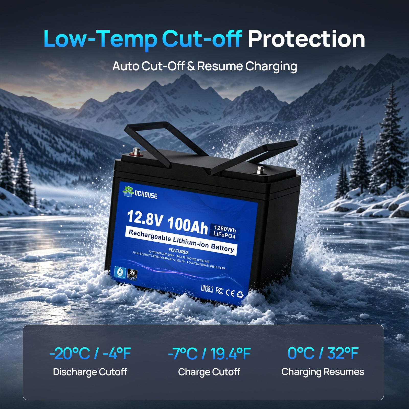 12V 100Ah Deep Cycle LiFePO4 Bluetooth & Low Temp Protection Battery for RVs and Trolling Motors