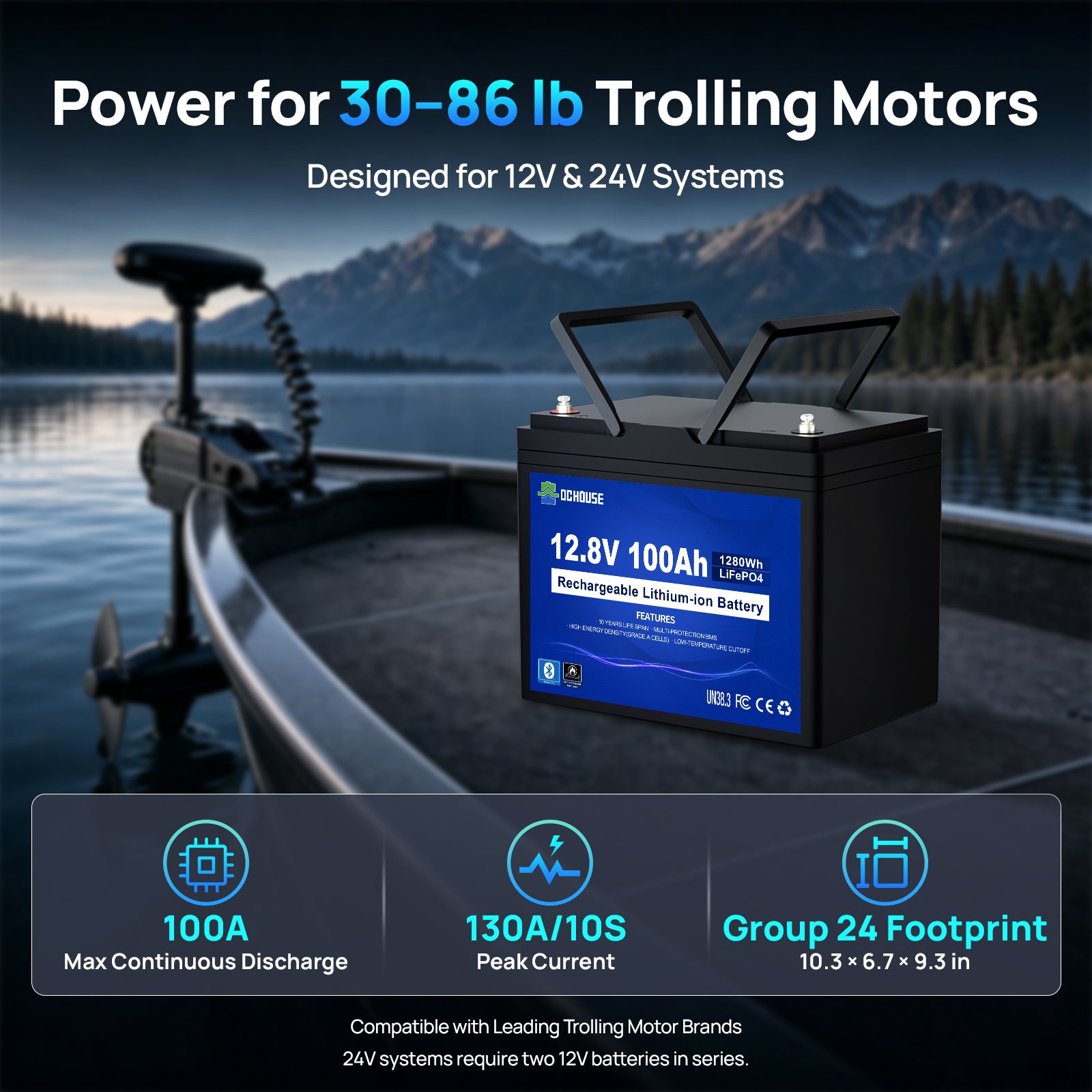 12V 100Ah Deep Cycle LiFePO4 Bluetooth & Low Temp Protection Battery for RVs and Trolling Motors