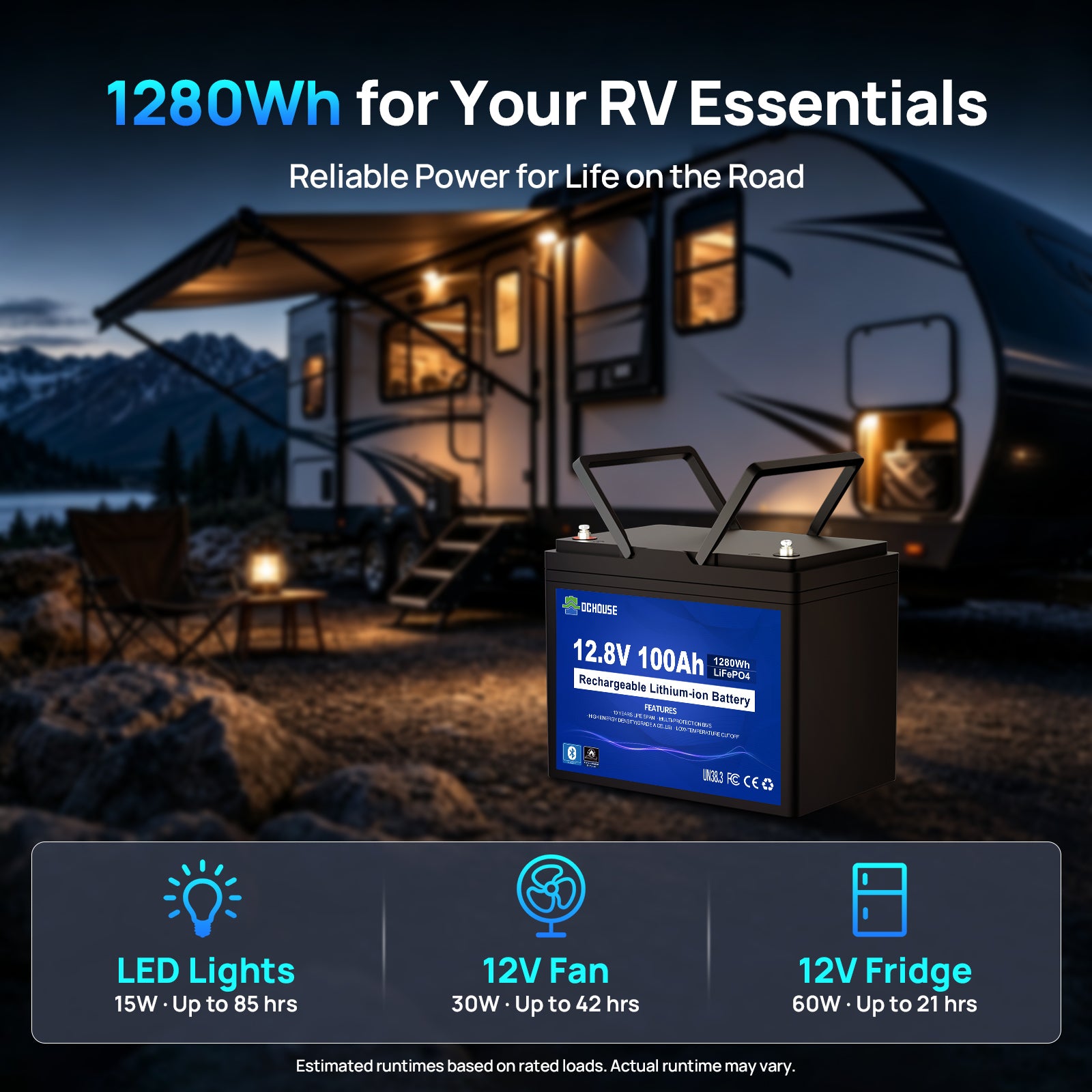 12V 100Ah Deep Cycle LiFePO4 Bluetooth & Low Temp Protection Battery for RVs and Trolling Motors