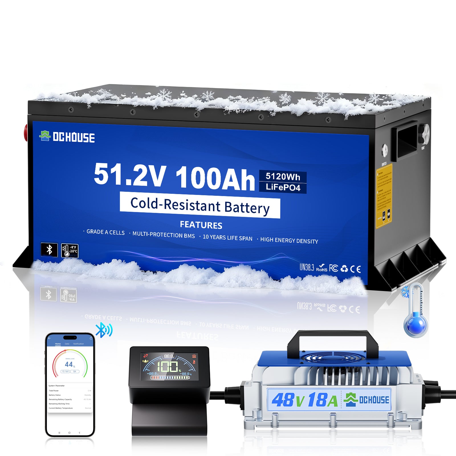 DC HOUSE 48V 100AH Cold-Resistant Metal Case Lithium Battery Golf Cart, Low Temp Discharge Down to -22°F