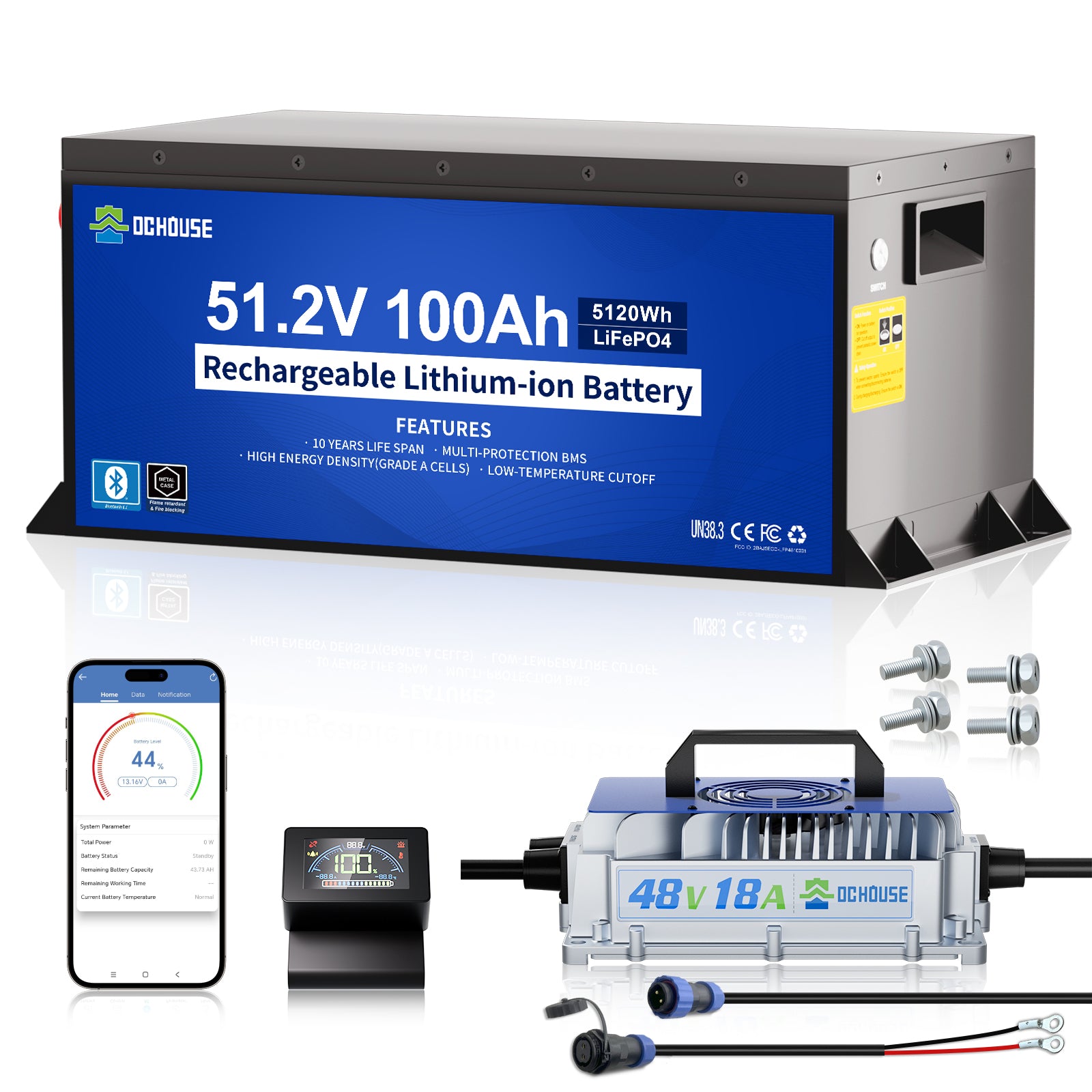 DC HOUSE Dependable 48V 100Ah LiFePO4 Metal Case Battery with Charger - Ideal for Golf Carts
