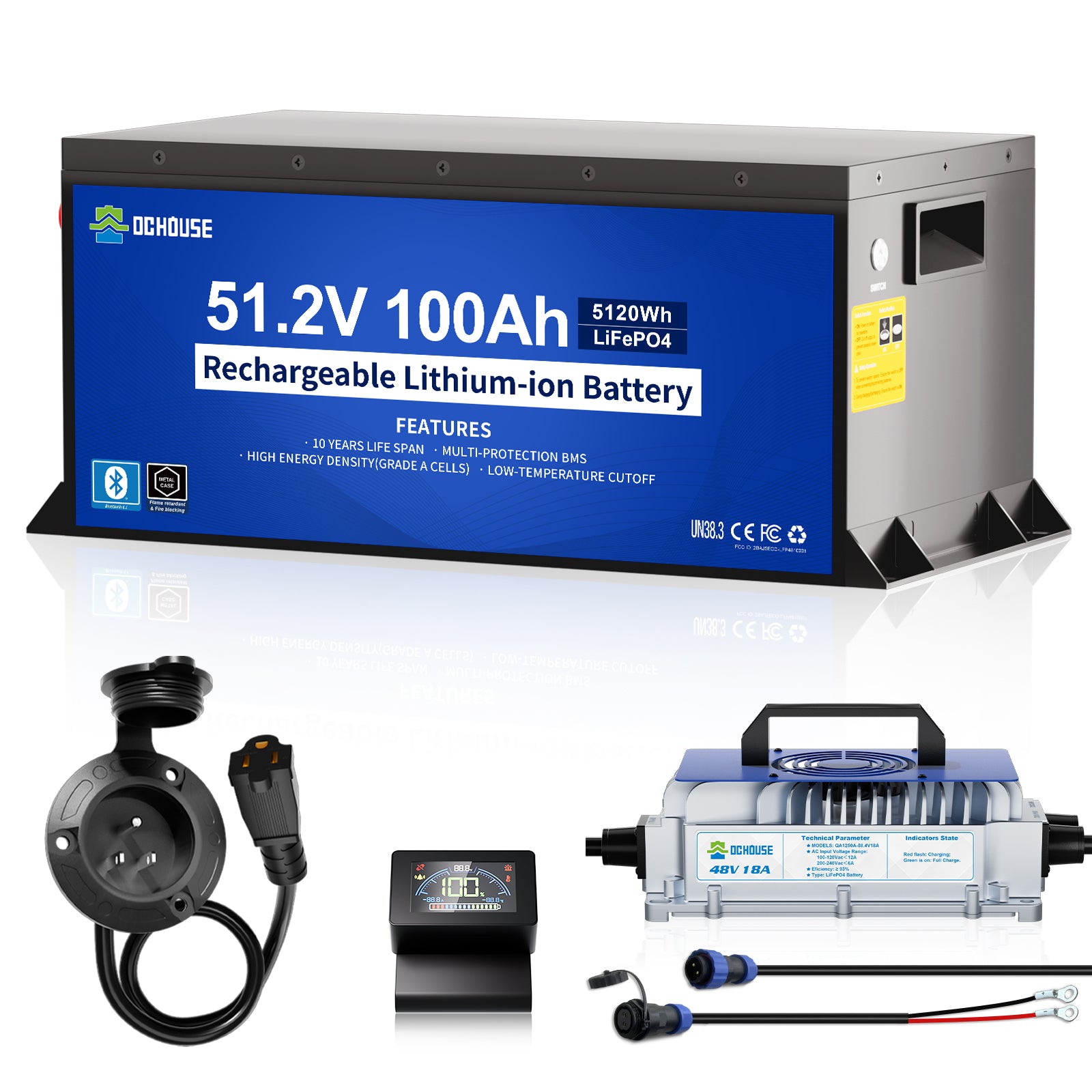 DC HOUSE 48V 100Ah LiFePO4 Metal Case Battery Kit with Charger & AC Port Plug for Golf Carts