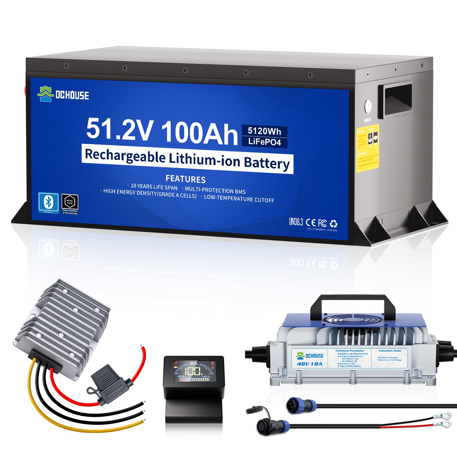 DC HOUSE 48V 100Ah LiFePO4 Metal Case Battery Kit with Charger & DC-DC Converter for Golf Carts