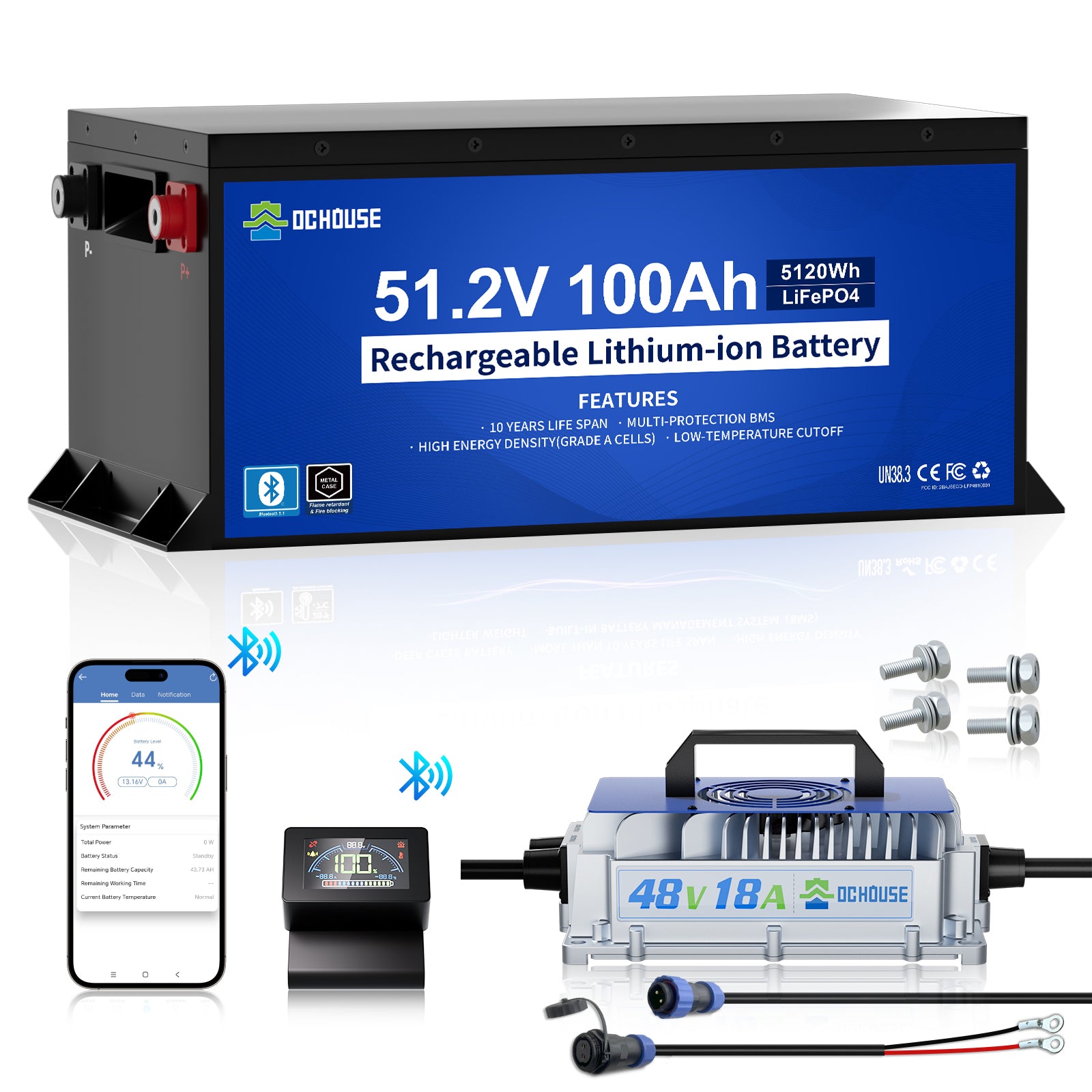 DC HOUSE Dependable 48V 100Ah LiFePO4 Metal Case Battery with Charger - Ideal for Golf Carts
