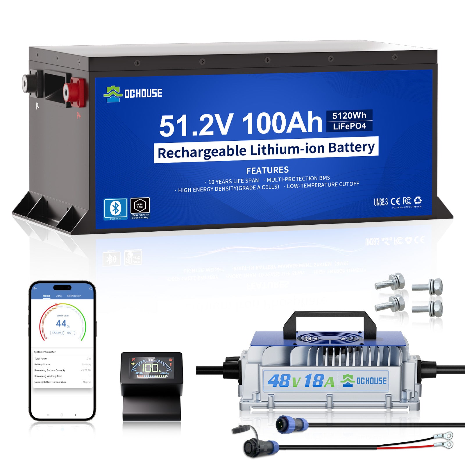 DC HOUSE Dependable 48V 100Ah LiFePO4 Metal Case Battery with Charger - Ideal for Golf Carts
