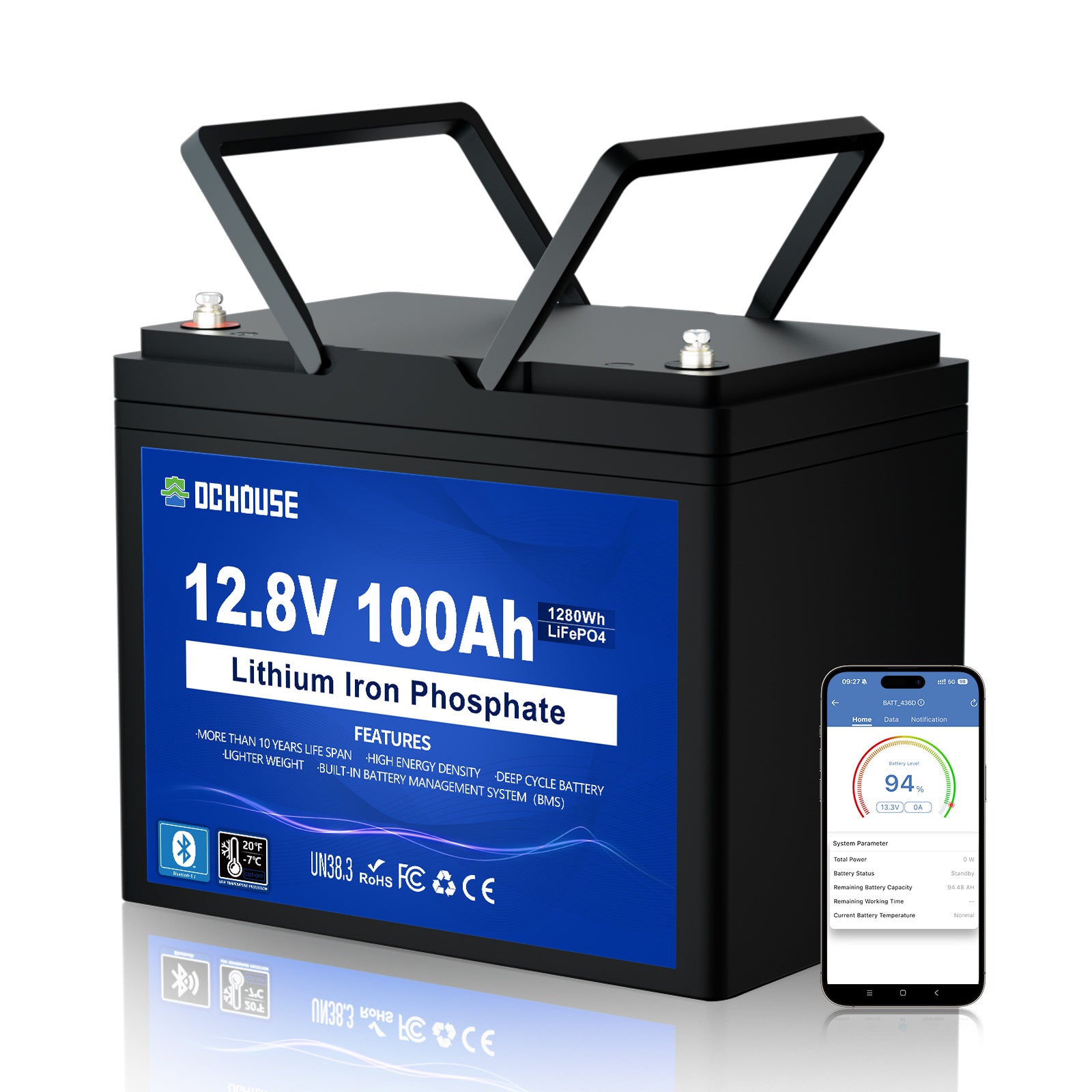 12V 100Ah Deep Cycle LiFePO4 Bluetooth & Low Temp Protection Battery for RVs and Trolling Motors