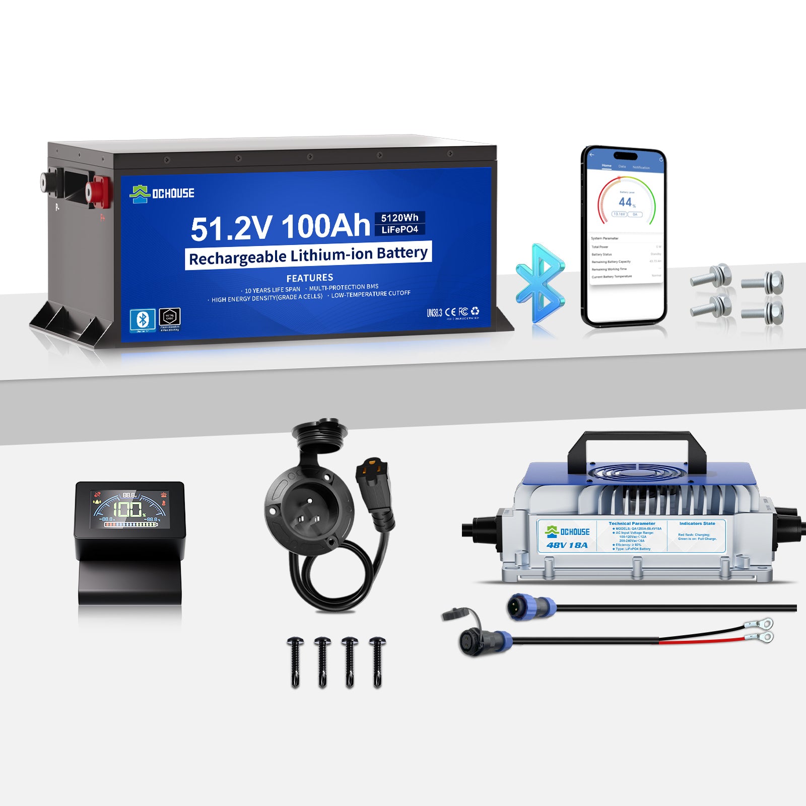 DC HOUSE 48V 100Ah LiFePO4 Metal Case Battery Kit with Charger & AC Port Plug for Golf Carts