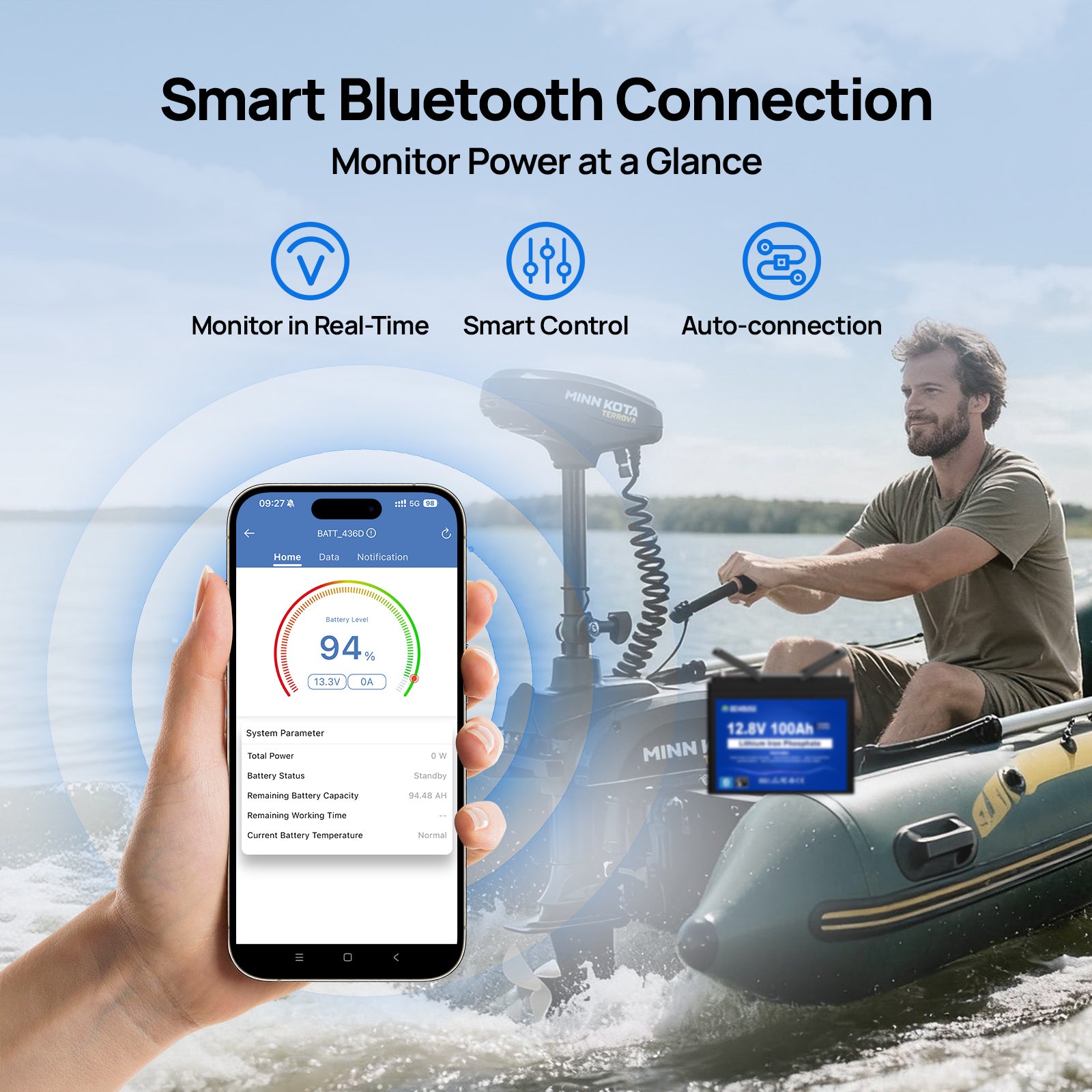 12V 100Ah Deep Cycle LiFePO4 Bluetooth & Low Temp Protection Battery for RVs and Trolling Motors