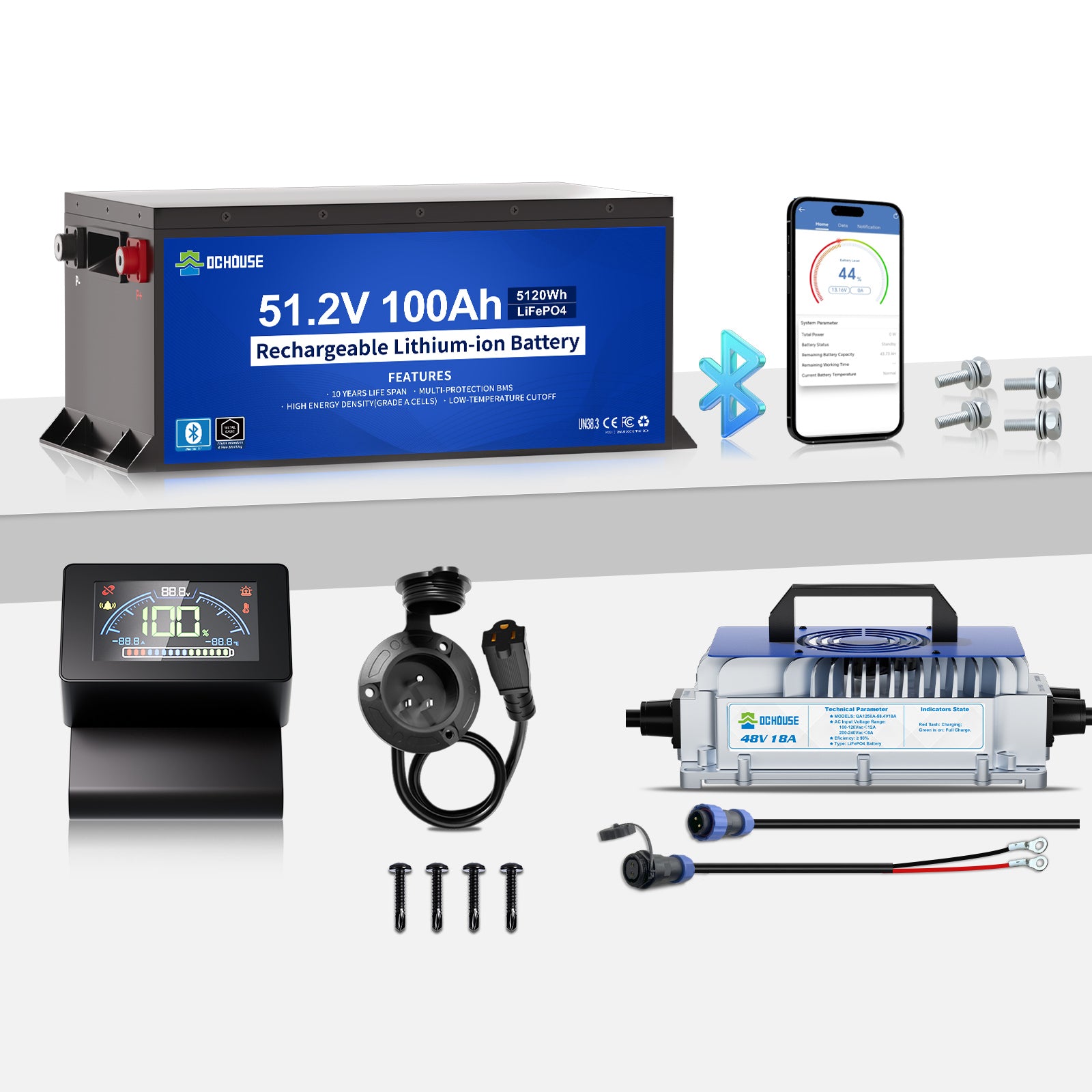 DC HOUSE 48V 100Ah LiFePO4 Metal Case Battery Kit with Charger & AC Port Plug for Golf Carts