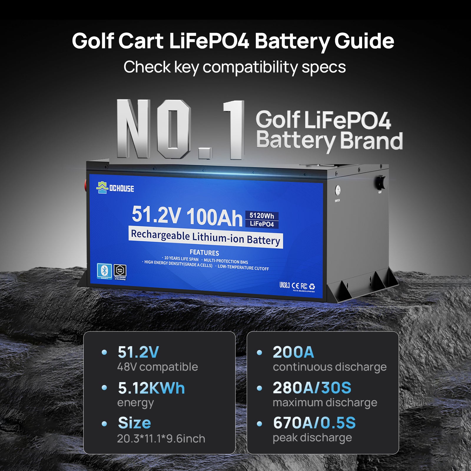DC HOUSE Dependable 48V 100Ah LiFePO4 Metal Case Battery with Charger - Ideal for Golf Carts