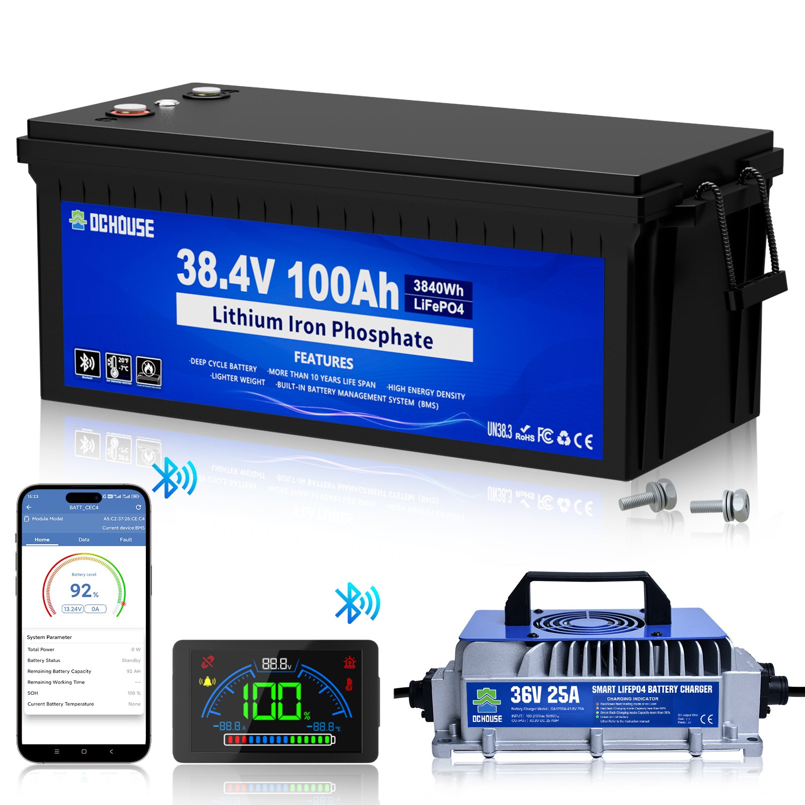 36V 100Ah 2.0 LiFePO4 Bluetooth Flame-Retardant ABS Case Battery & Charger