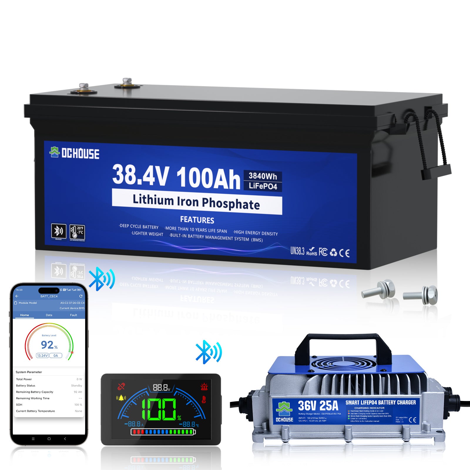 36V 100Ah LiFePO4 Bluetooth Deep Cycle Battery & Charger