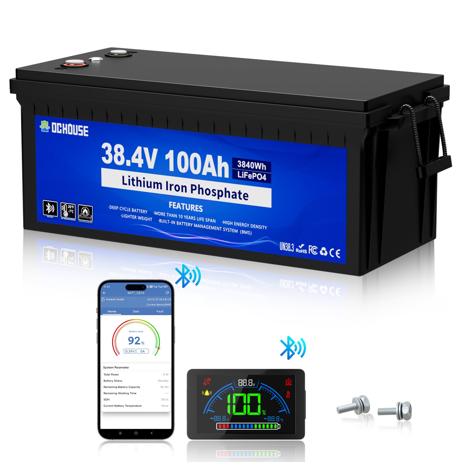 36V 100Ah 2.0 Lithium Bluetooth  Flame-Retardant ABS Case Battery (No charger)