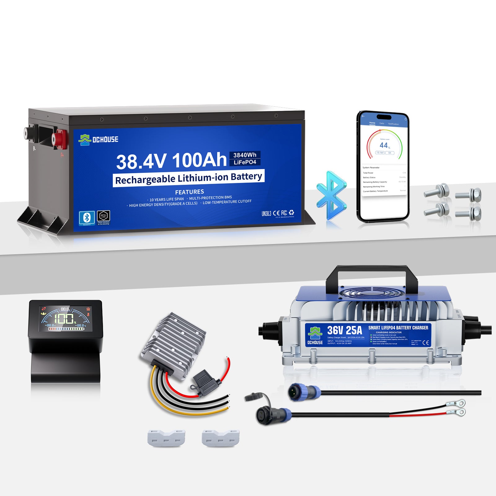 DC HOUSE 36V 100Ah LiFePO4 Metal Case Battery Kit with Charger & DC-DC Converter for Golf Carts