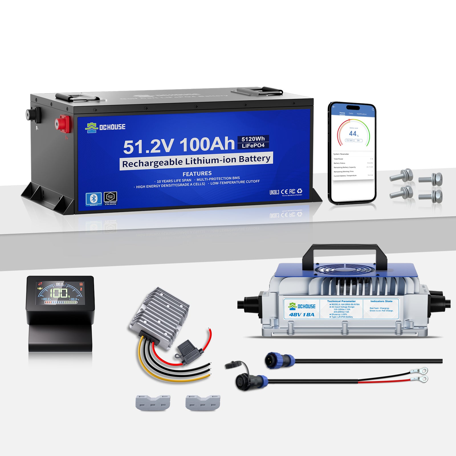 DC HOUSE 48V 100Ah LiFePO4 Metal Case Battery Kit with Charger & DC-DC Converter for Golf Carts