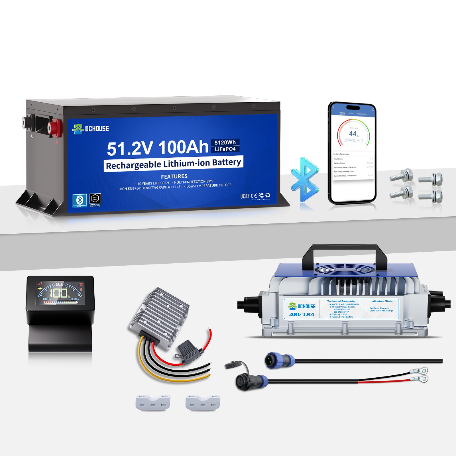 DC HOUSE 48V 100Ah LiFePO4 Metal Case Battery Kit with Charger & DC-DC Converter for Golf Carts