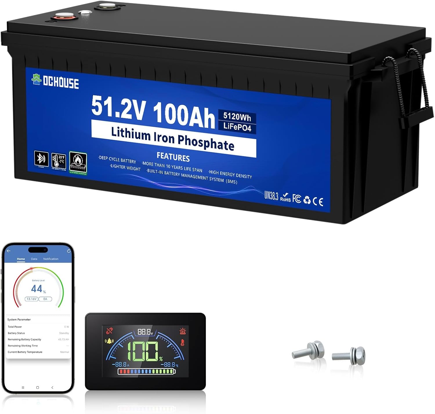 DC HOUSE Smart 48V 100Ah LiFePO4 ABS Plastic Battery - Bluetooth & LCD Monitoring for Golf Carts (No Charger)