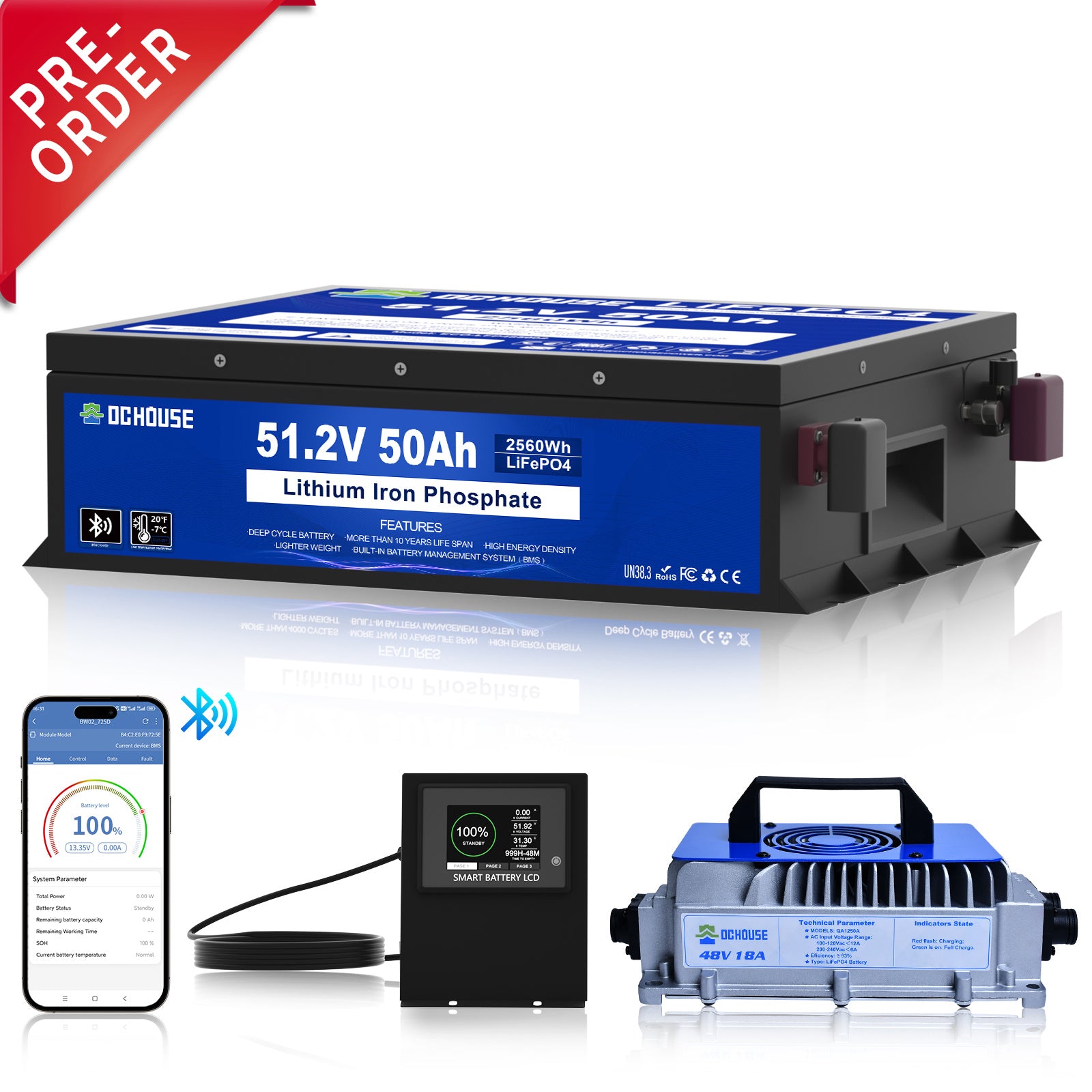 (Pre-order) DC HOUSE Durable 48V 50Ah LiFePO4 Metal Case Battery with Charger - Bluetooth & Low Temperature Protection for Golf Carts — Estimated shipping within 14 days after placing the order