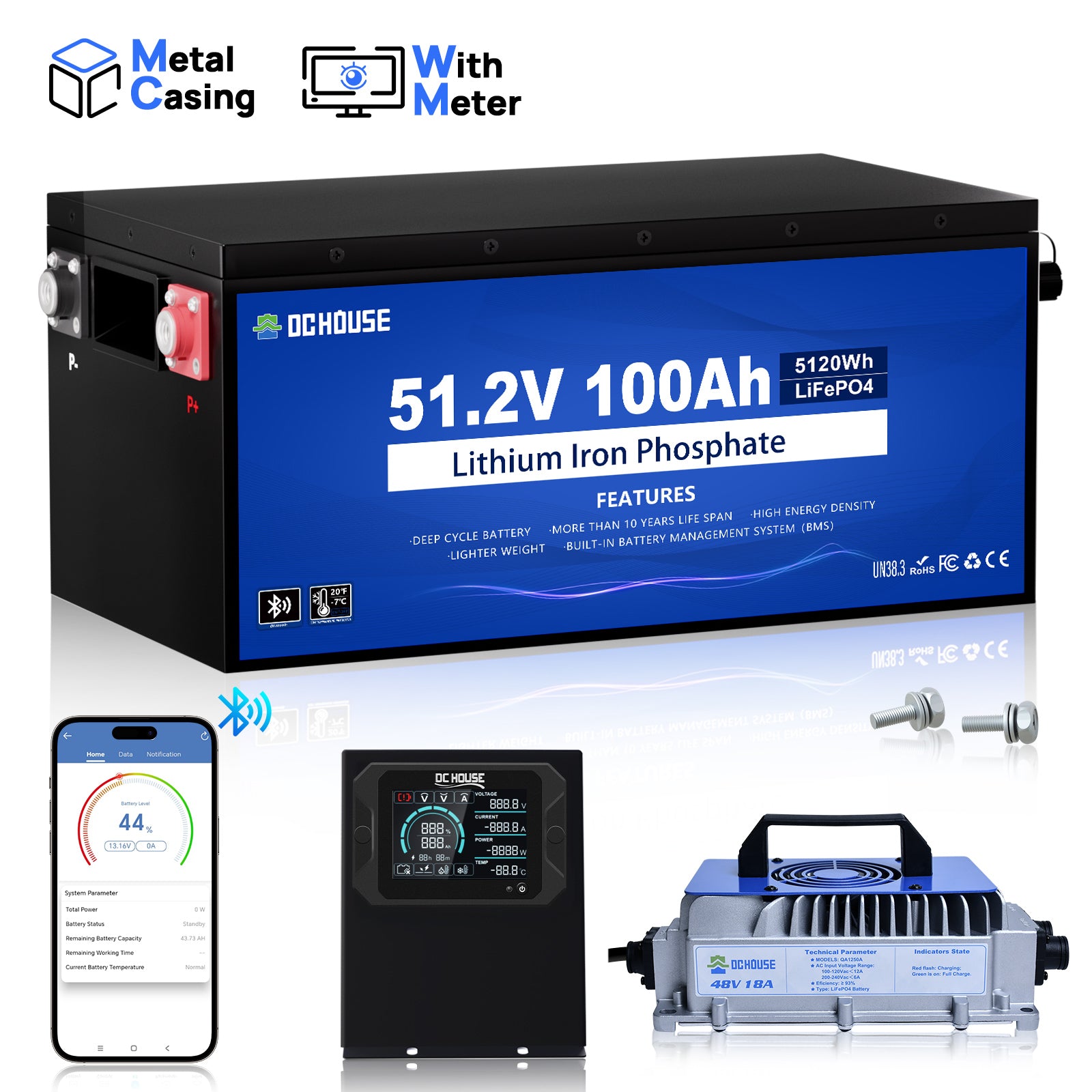 48V 100Ah Metal Case LiFePO4 Lithium Golf Cart Battery & Charger
