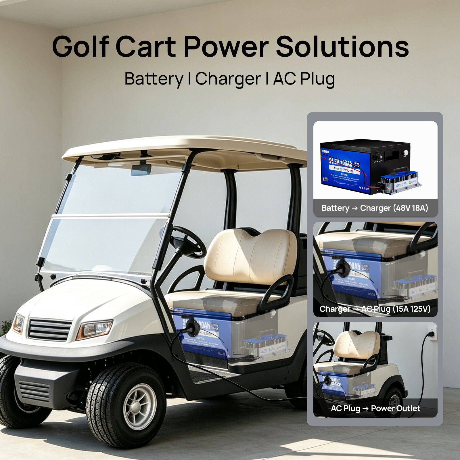 DC HOUSE 48V 100Ah LiFePO4 Metal Case Battery Kit with Charger & AC Port Plug for Golf Carts