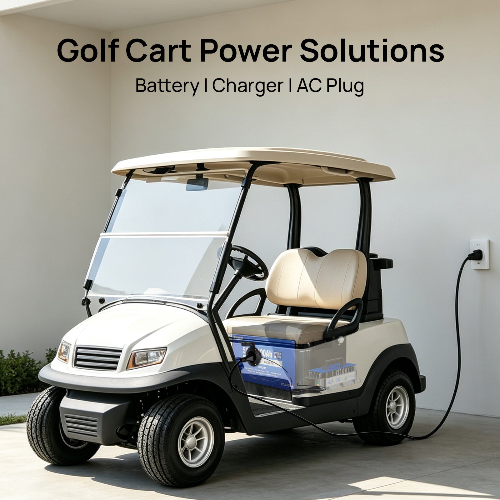 DC HOUSE 48V 100Ah LiFePO4 Metal Case Battery Kit with Charger & AC Port Plug for Golf Carts