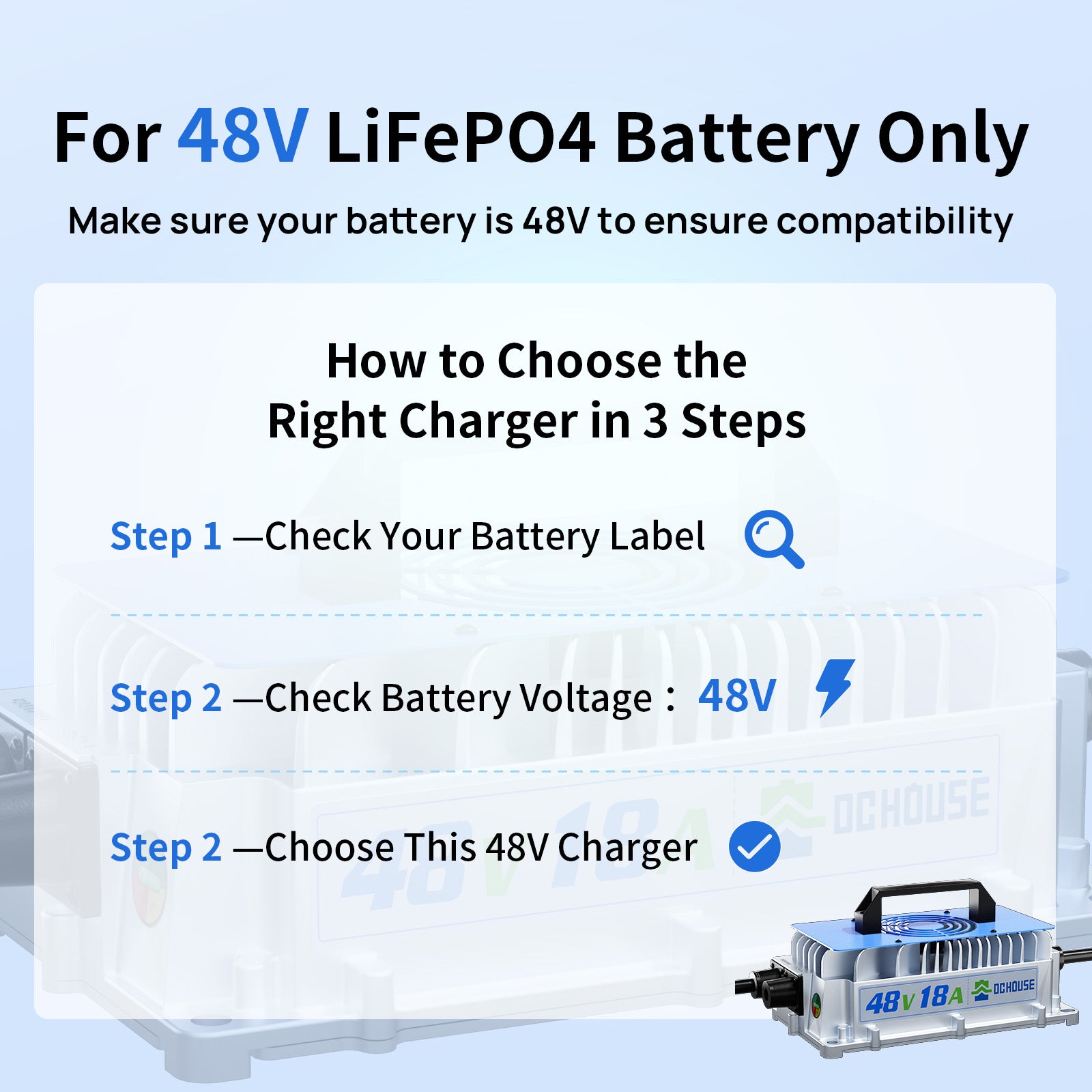 48V 18A AC-to-DC LiFePO4 Portable Battery Charger