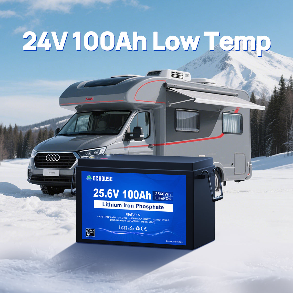 24V 100Ah LiFePO4 battery offering high voltage output, ideal for RVs, solar systems, and energy storage applications requiring stable and efficient power.