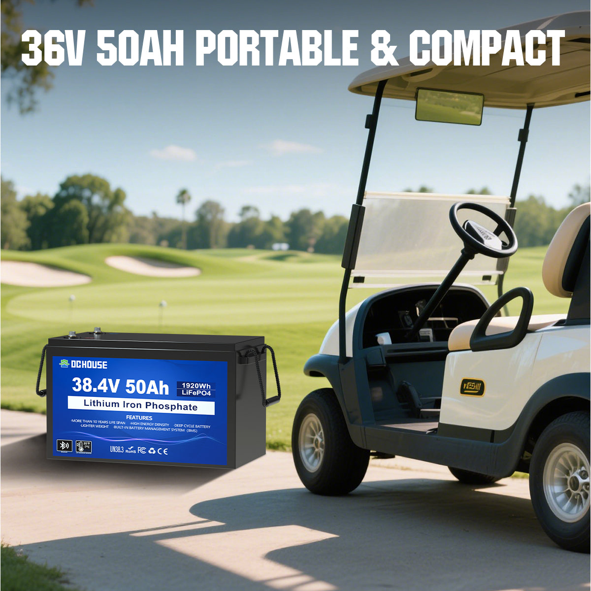 36V 50Ah LiFePO4 battery with low temperature protection, Bluetooth, Grade A cells, and 100A continuous current for golf carts