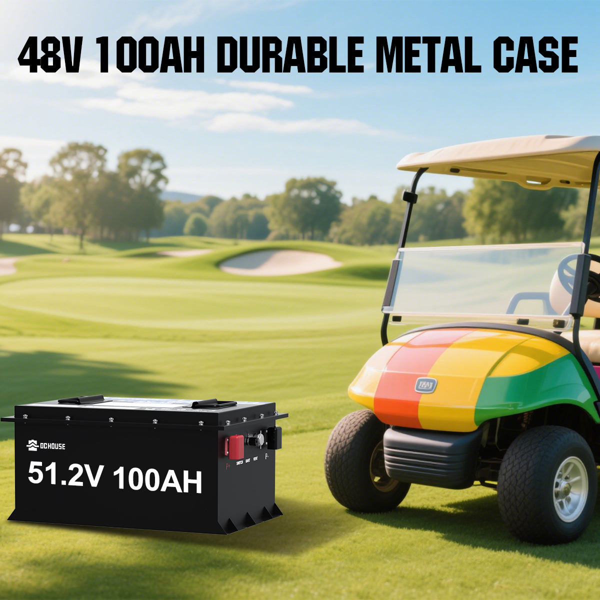 48V 100Ah LiFePO4 golf cart battery with 2C discharge rate, 200A continuous current, metal case, Bluetooth, LCD display, and 1000A peak power